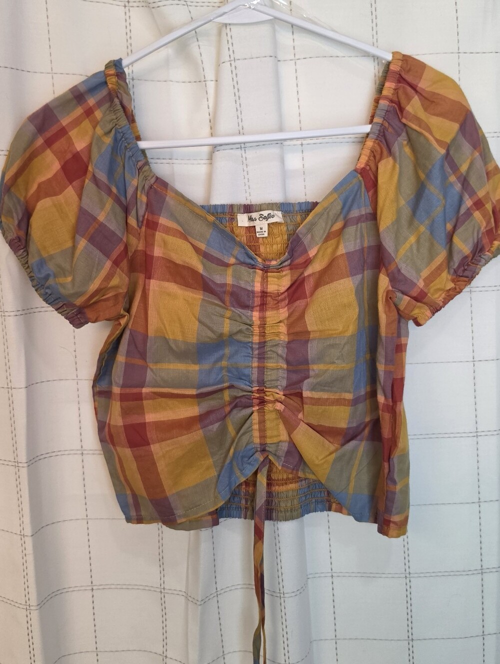 Miss Selfie Plaid Puff Sleeve Crop